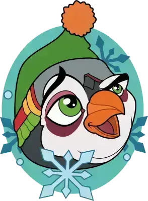 Sticker die-cut « Pingouin tuque », oiseau à tuque rayée sur médaillon, flocon de neige