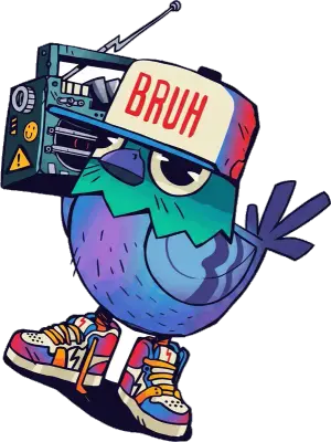 Sticker die-cut « Bruh », pigeon coiffé d'une radio-cassette « BRUH », sneakers